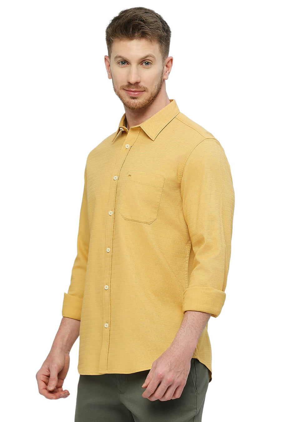 BASICS SLIM FIT MISTED YELOW COTTON DOBBY SHIRT