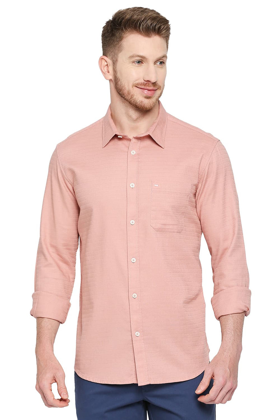 BASICS SLIM FIT SHELL PINK COTTON DOBBY SHIRT