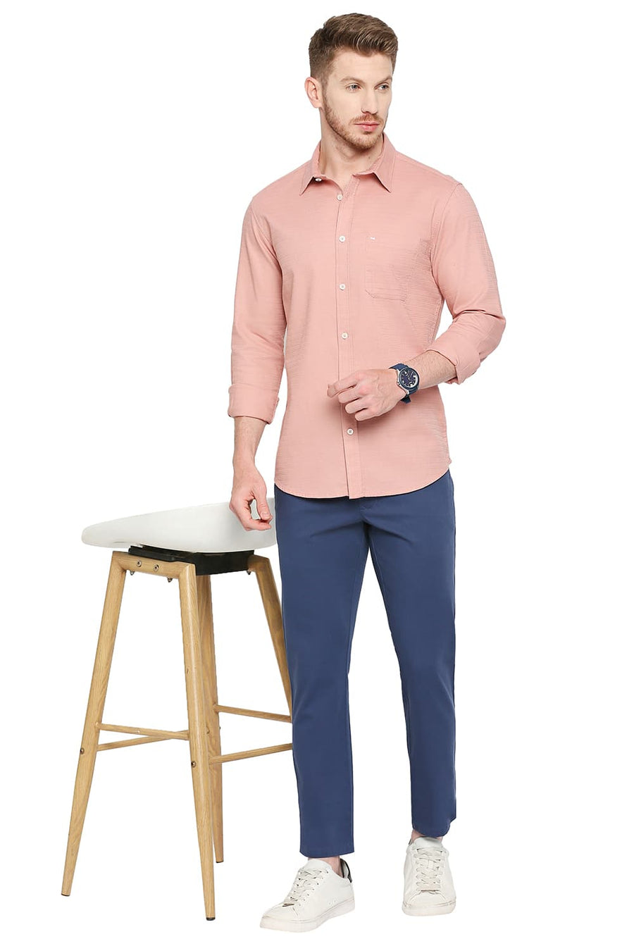 BASICS SLIM FIT SHELL PINK COTTON DOBBY SHIRT
