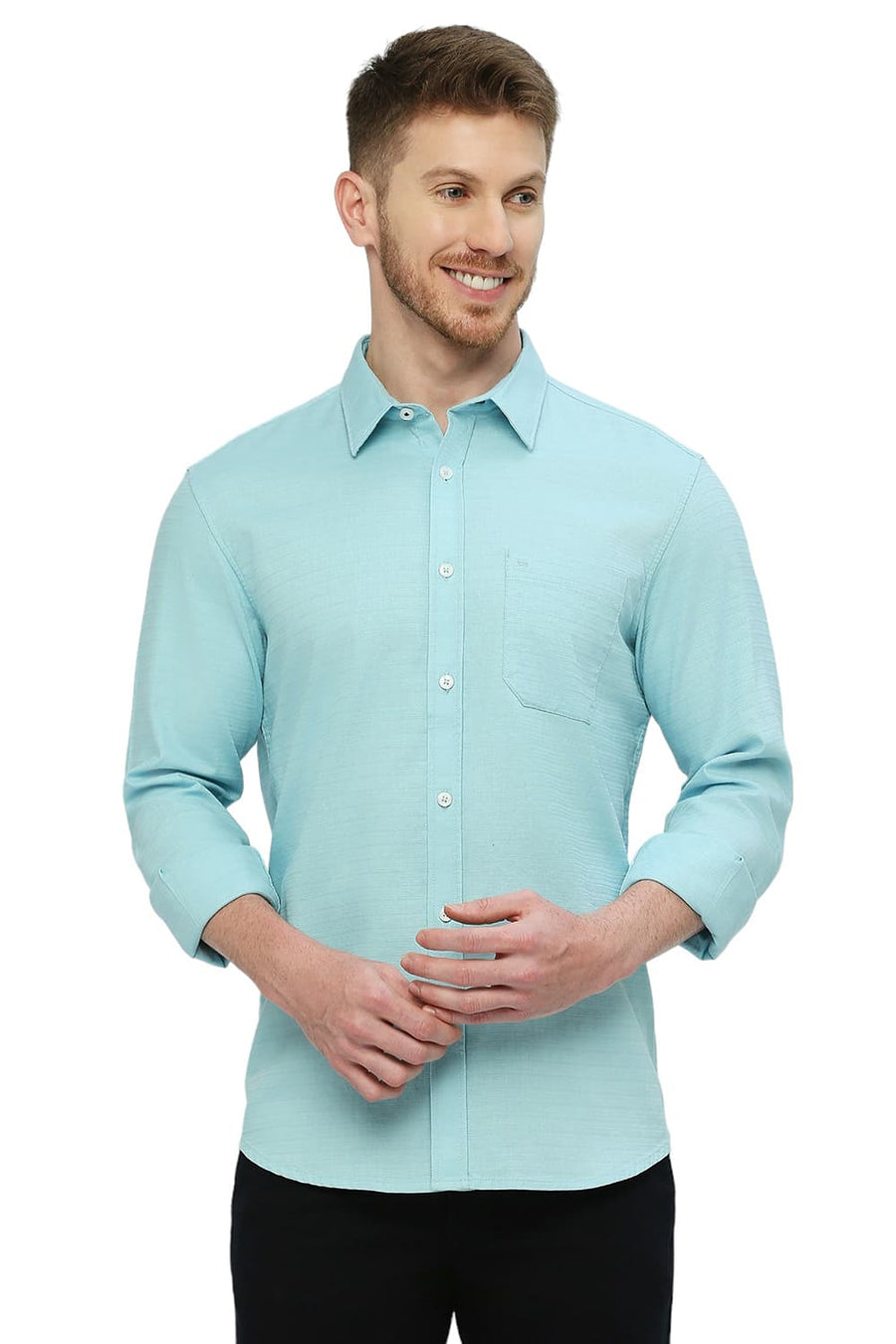 BASICS SLIM FIT DUSK BLUE COTTON DOBBY SHIRT