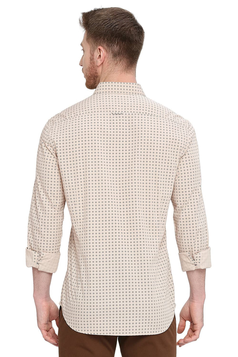 BASICS SLIM FIT NOUGAT BROWN COTTON POPLIN PRINTED SHIRT