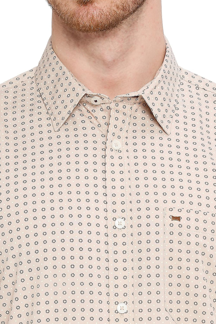BASICS SLIM FIT NOUGAT BROWN COTTON POPLIN PRINTED SHIRT