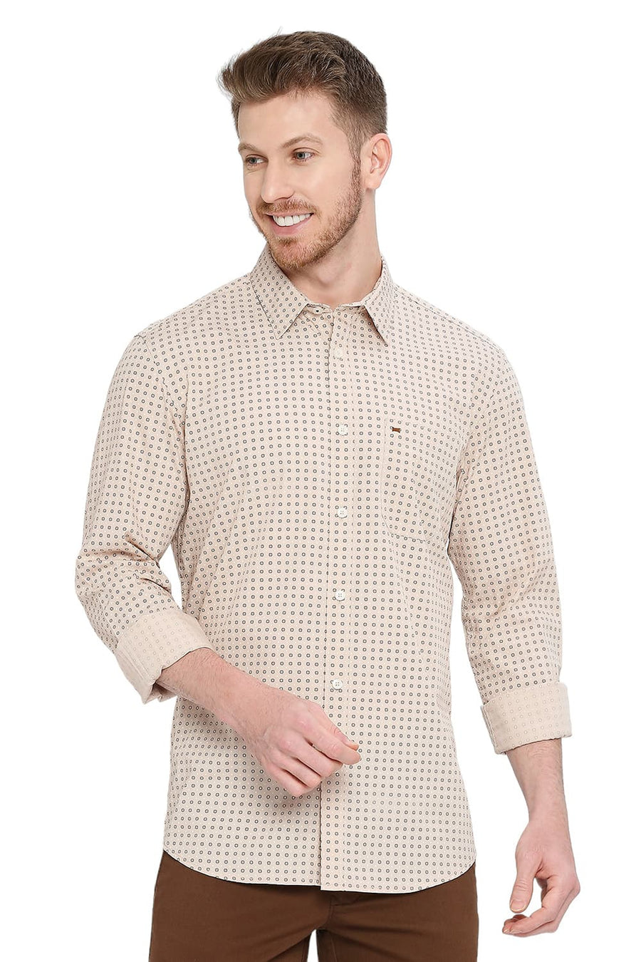 BASICS SLIM FIT NOUGAT BROWN COTTON POPLIN PRINTED SHIRT