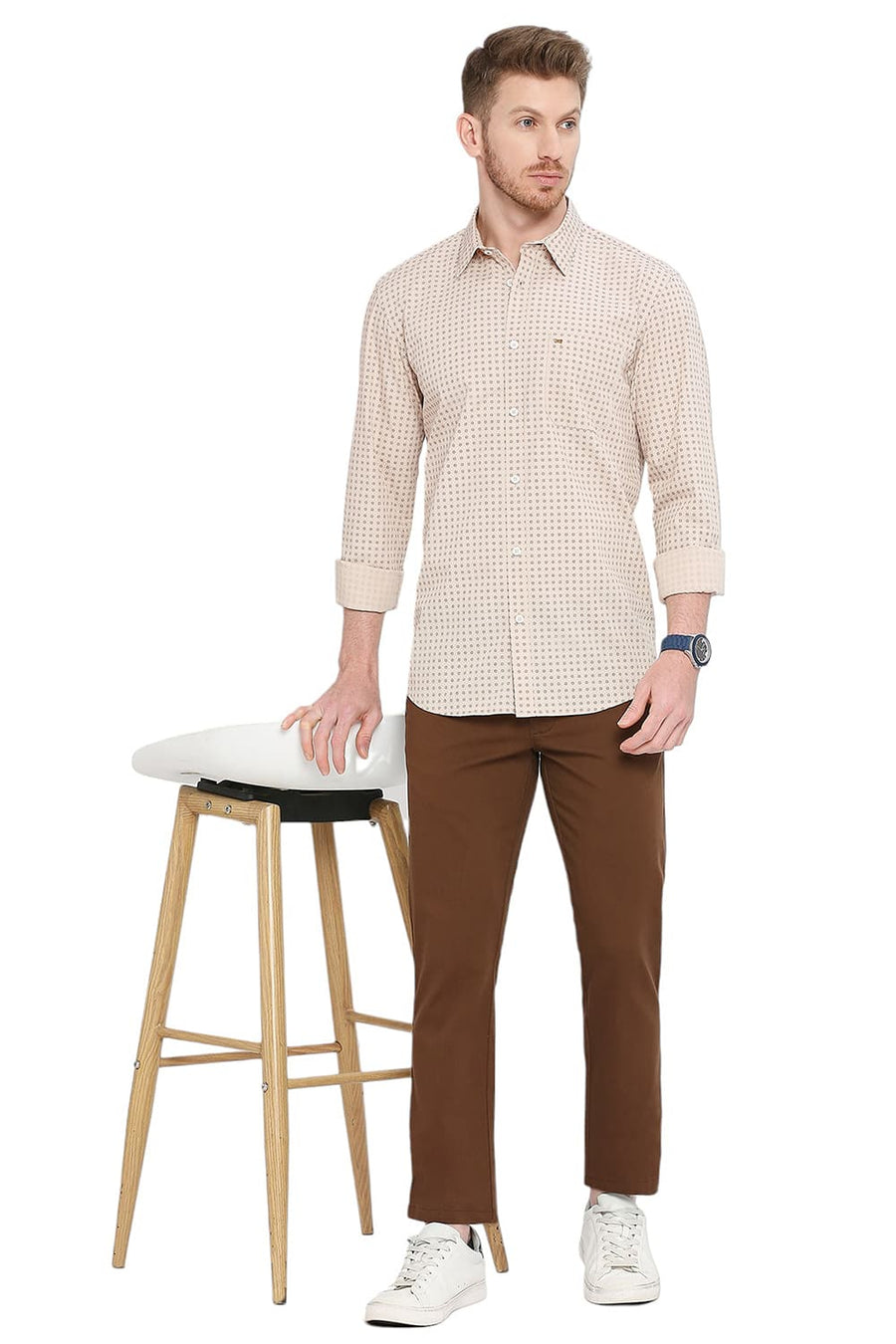BASICS SLIM FIT NOUGAT BROWN COTTON POPLIN PRINTED SHIRT