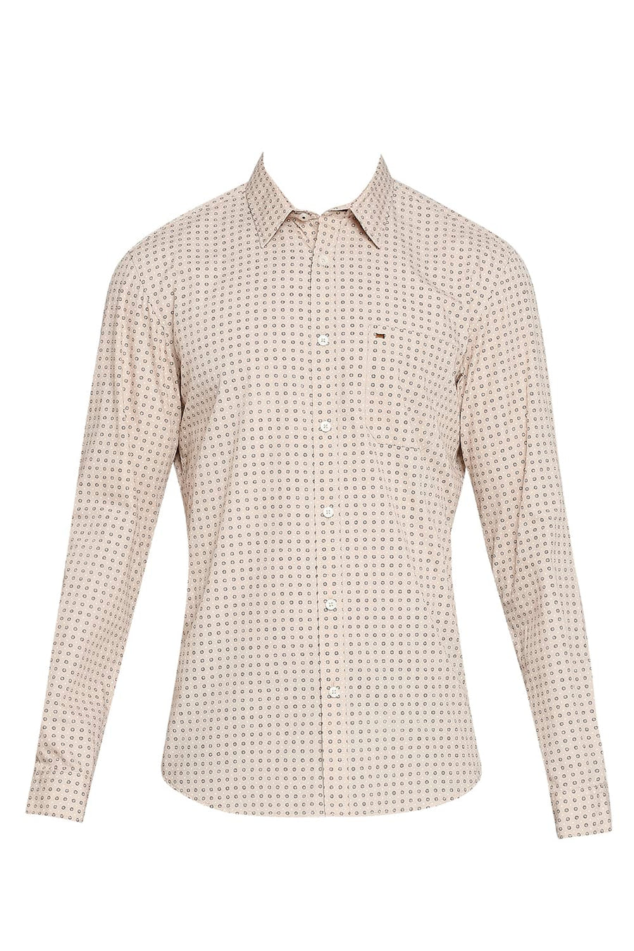 BASICS SLIM FIT NOUGAT BROWN COTTON POPLIN PRINTED SHIRT