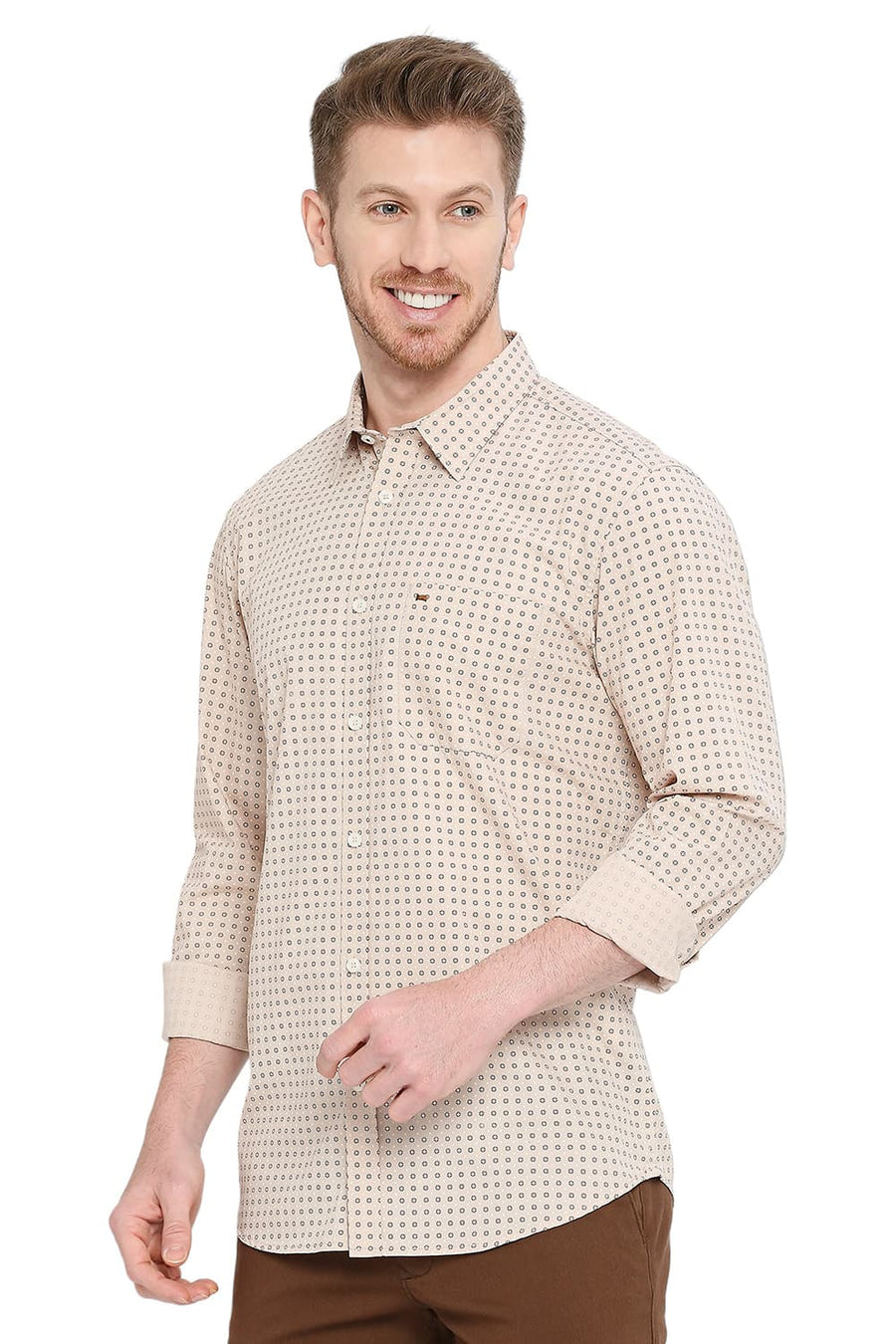 BASICS SLIM FIT NOUGAT BROWN COTTON POPLIN PRINTED SHIRT