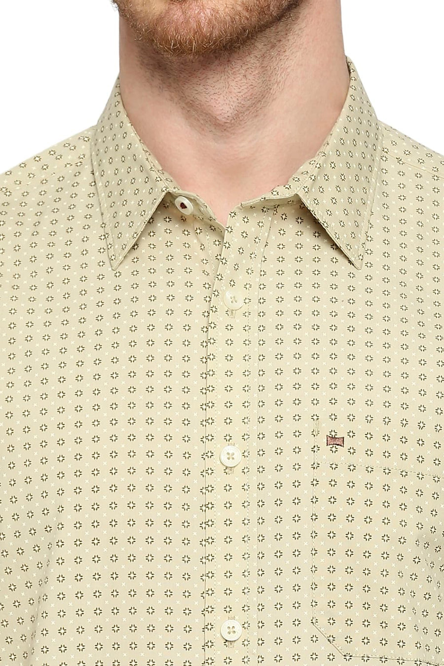 BASICS SLIM FIT LINDEN GREEN COTTON POPLIN PRINTED SHIRT