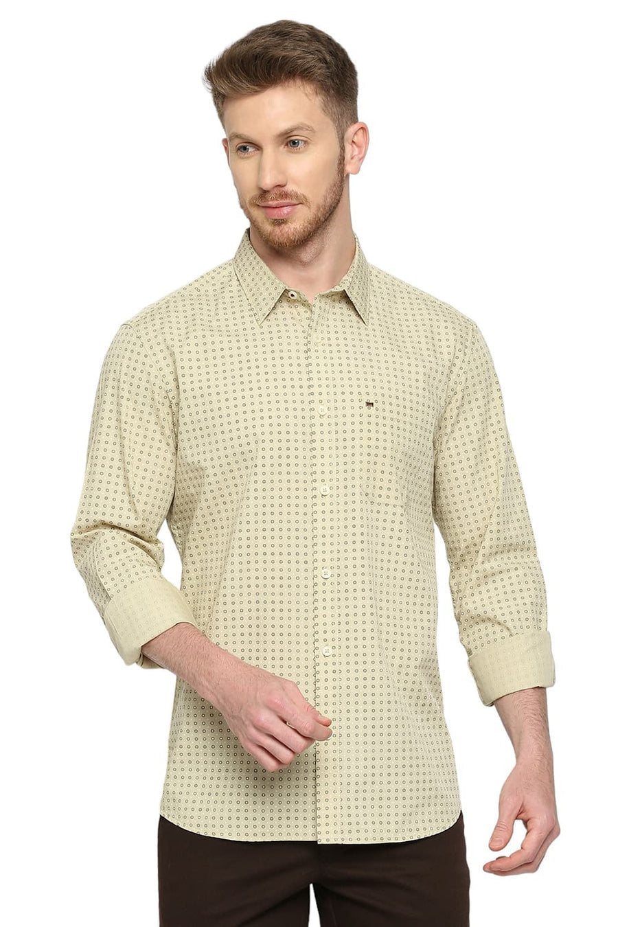 BASICS SLIM FIT LINDEN GREEN COTTON POPLIN PRINTED SHIRT