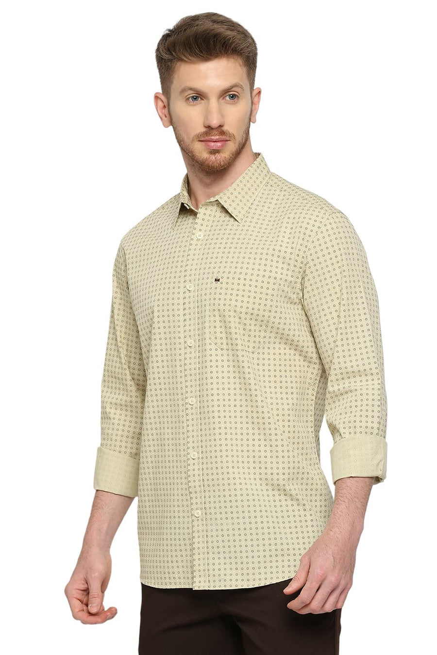 BASICS SLIM FIT LINDEN GREEN COTTON POPLIN PRINTED SHIRT