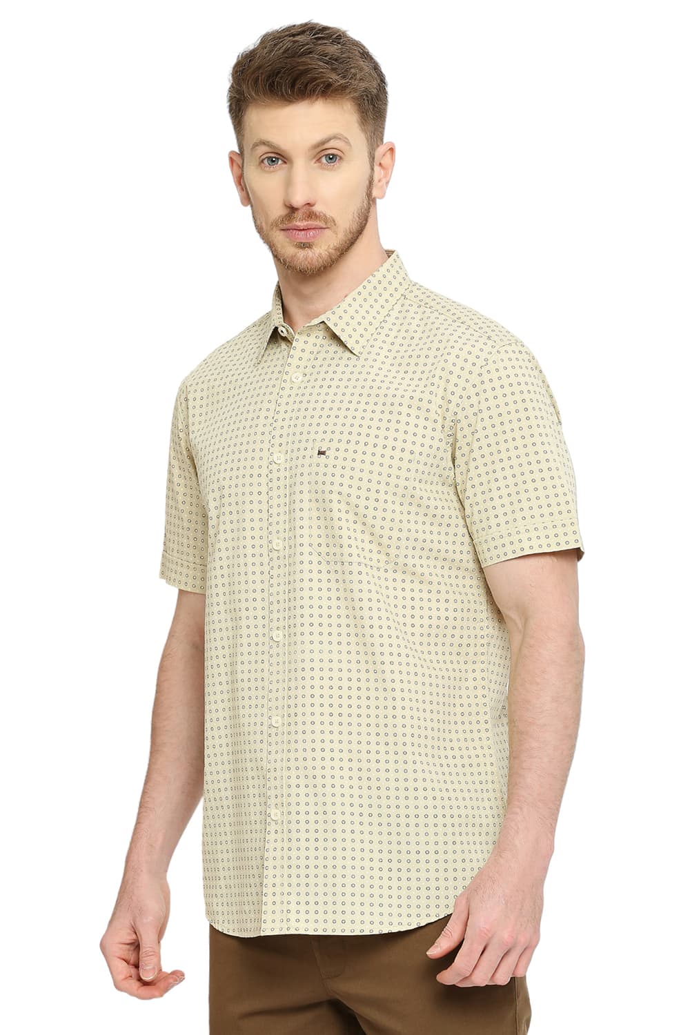 BASICS SLIM FIT COTTON POPLIN PRINTED HALFSLEEVES SHIRT