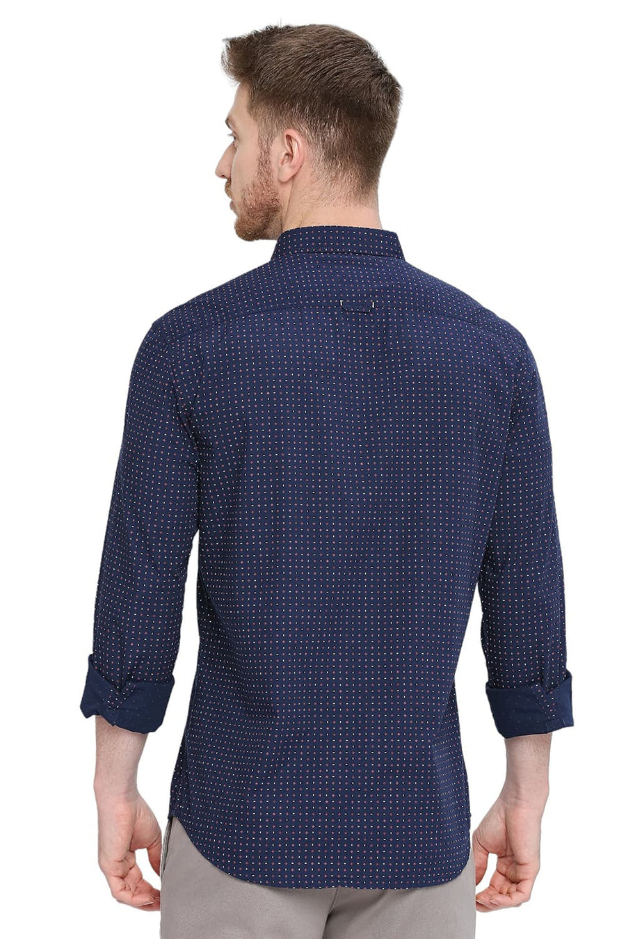BASICS SLIM FIT REAL NAVY COTTON POPLIN PRINTED SHIRT
