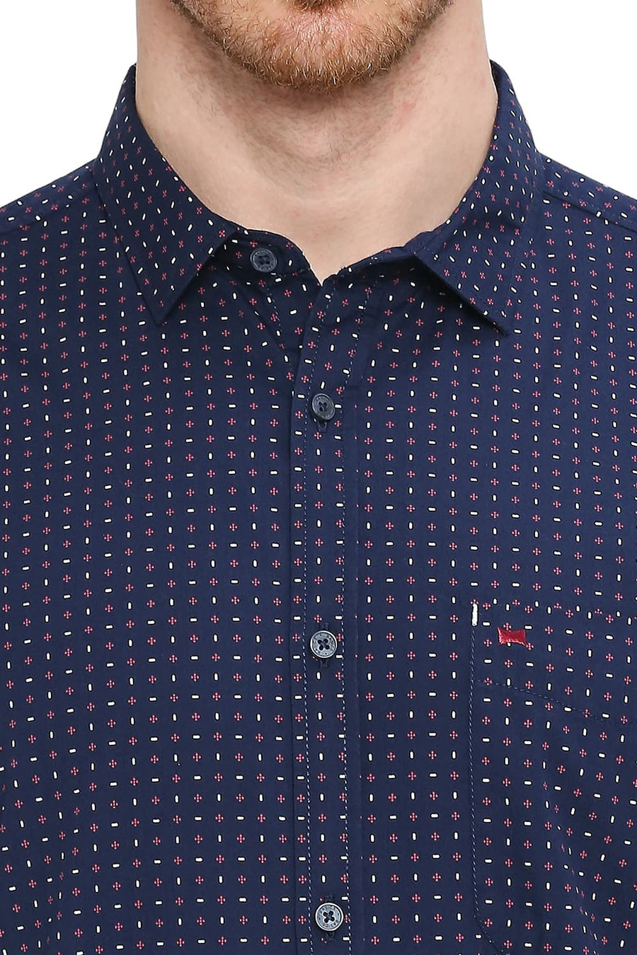 BASICS SLIM FIT REAL NAVY COTTON POPLIN PRINTED SHIRT
