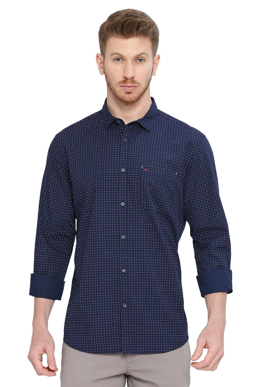 BASICS SLIM FIT REAL NAVY COTTON POPLIN PRINTED SHIRT