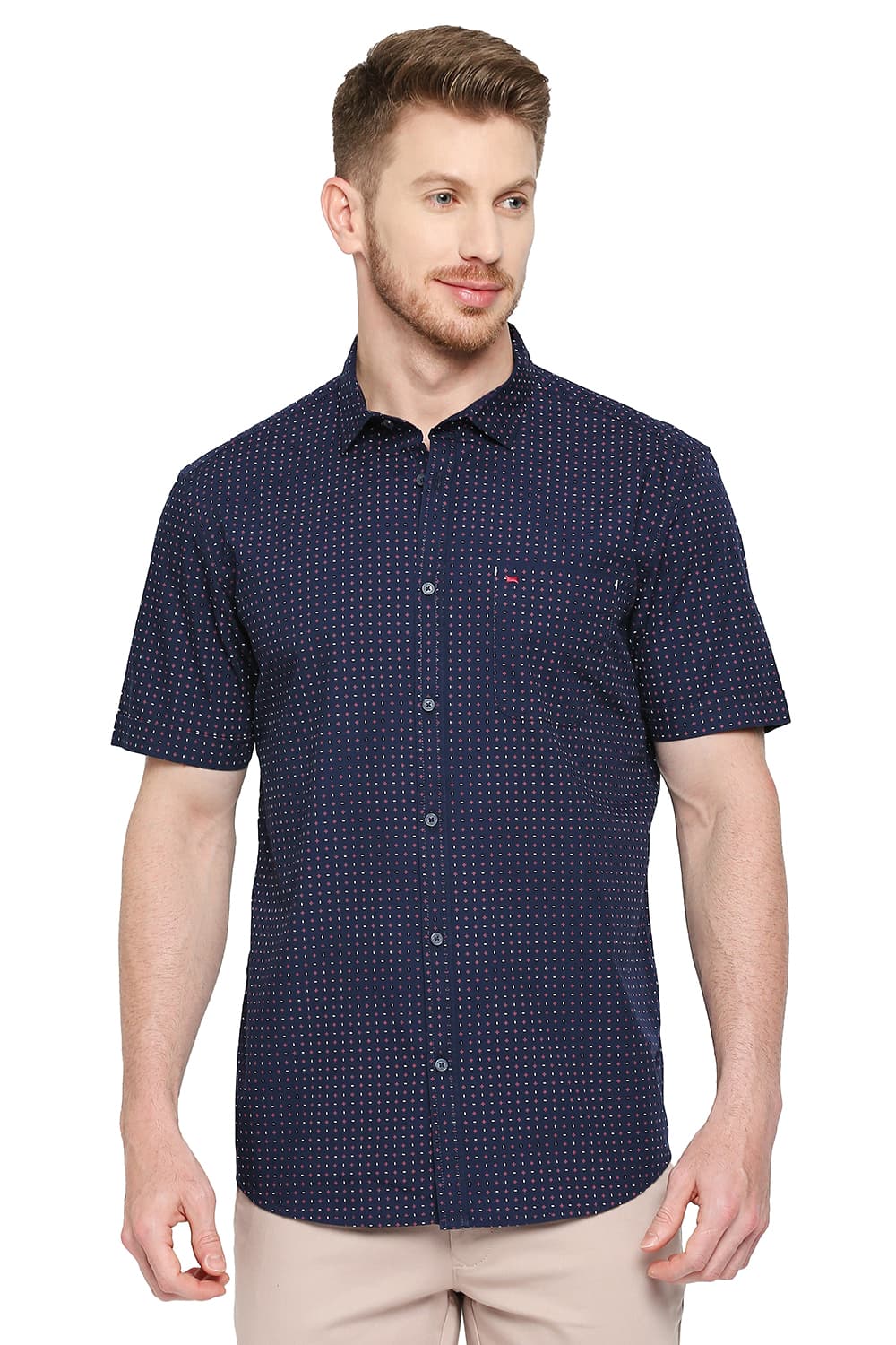 BASICS SLIM FIT COTTON POPLIN PRINTED SHIRT