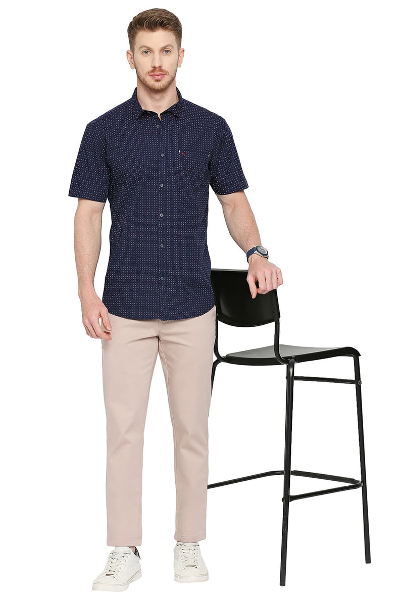 BASICS SLIM FIT COTTON POPLIN PRINTED HALFSLEEVES SHIRT
