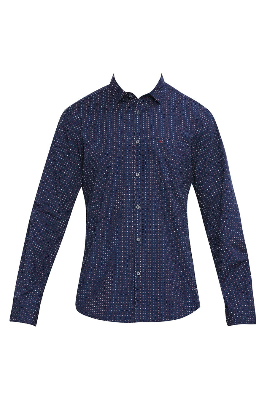 BASICS SLIM FIT REAL NAVY COTTON POPLIN PRINTED SHIRT