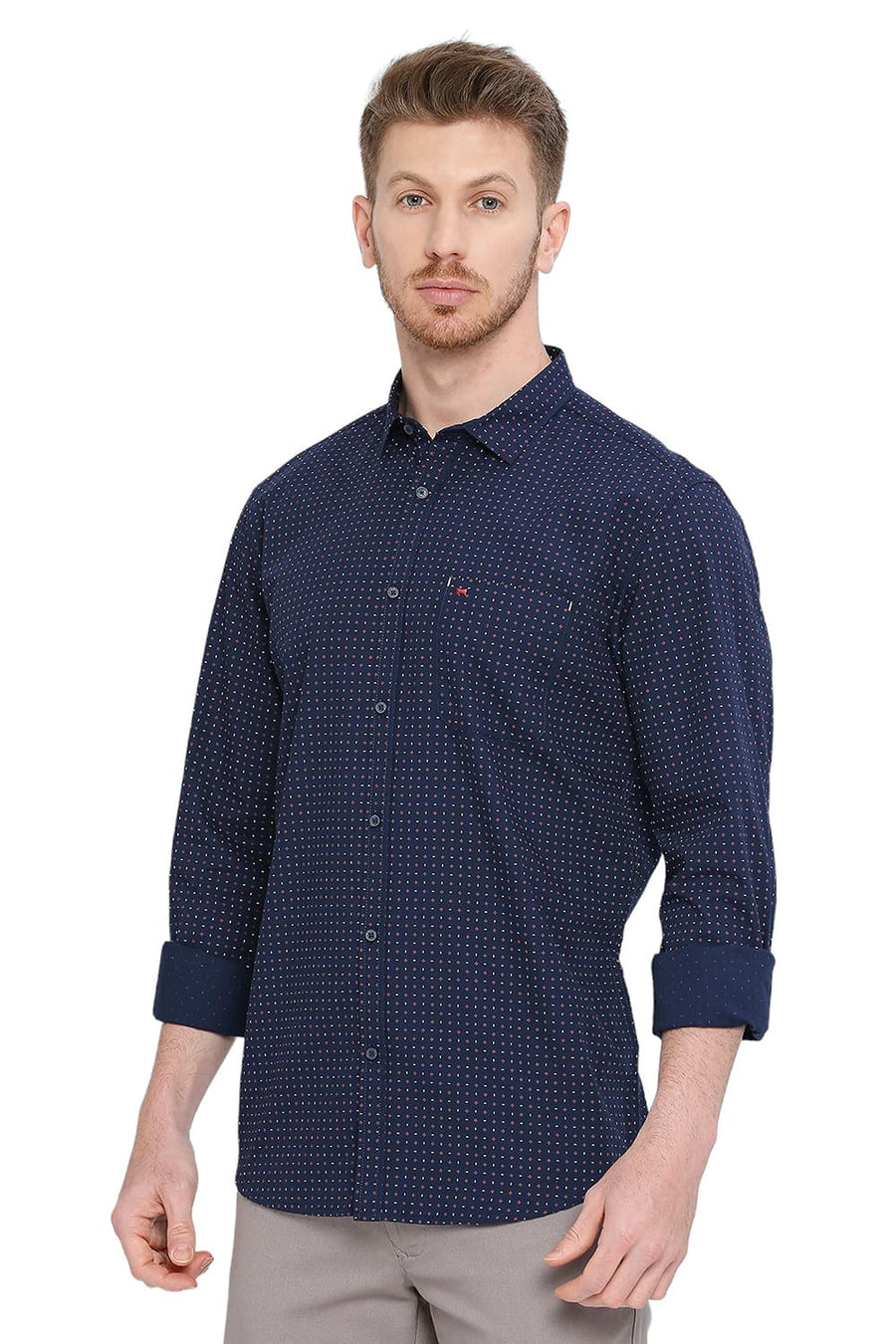 BASICS SLIM FIT REAL NAVY COTTON POPLIN PRINTED SHIRT