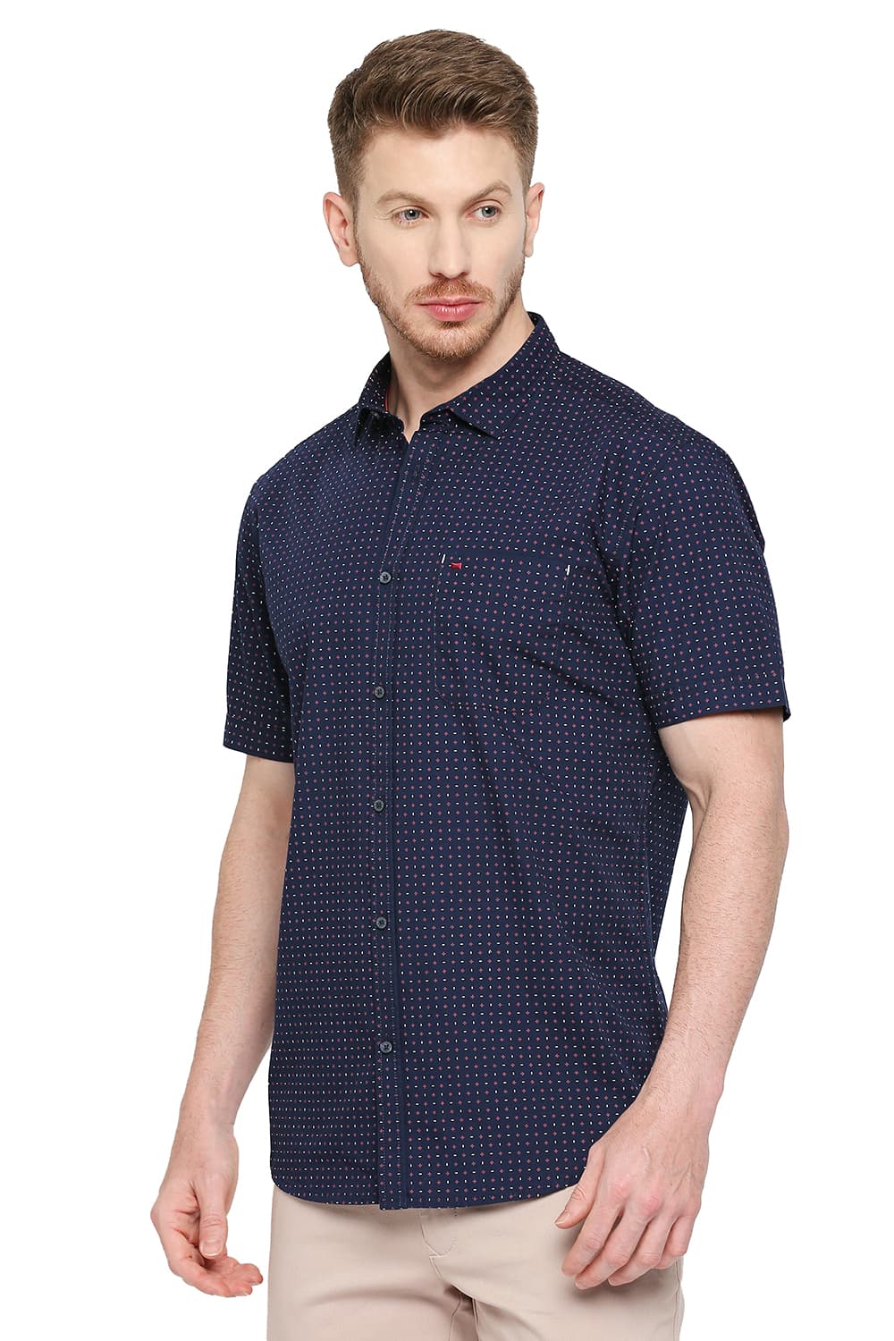 BASICS SLIM FIT COTTON POPLIN PRINTED HALFSLEEVES SHIRT