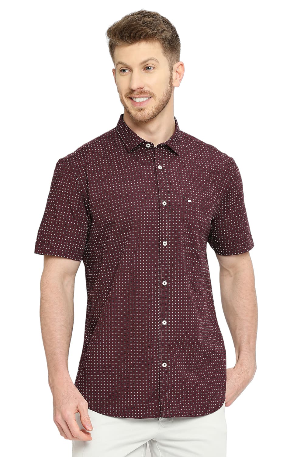 BASICS SLIM FIT COTTON POPLIN PRINTED HALFSLEEVES SHIRT