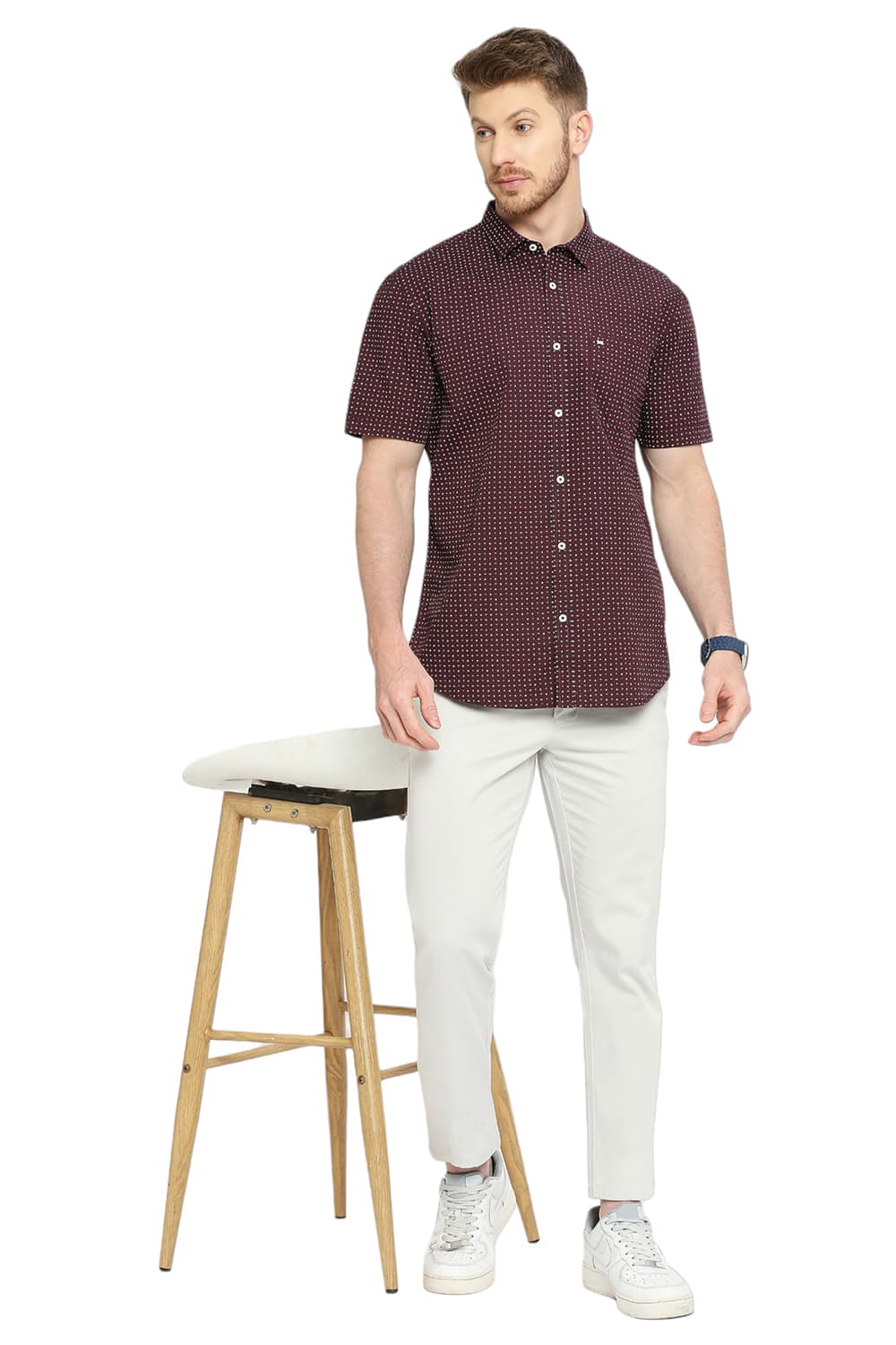 BASICS SLIM FIT COTTON POPLIN PRINTED HALFSLEEVES SHIRT