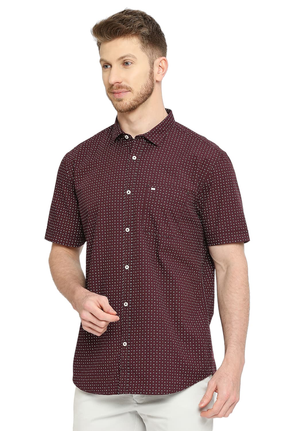 BASICS SLIM FIT COTTON POPLIN PRINTED HALFSLEEVES SHIRT