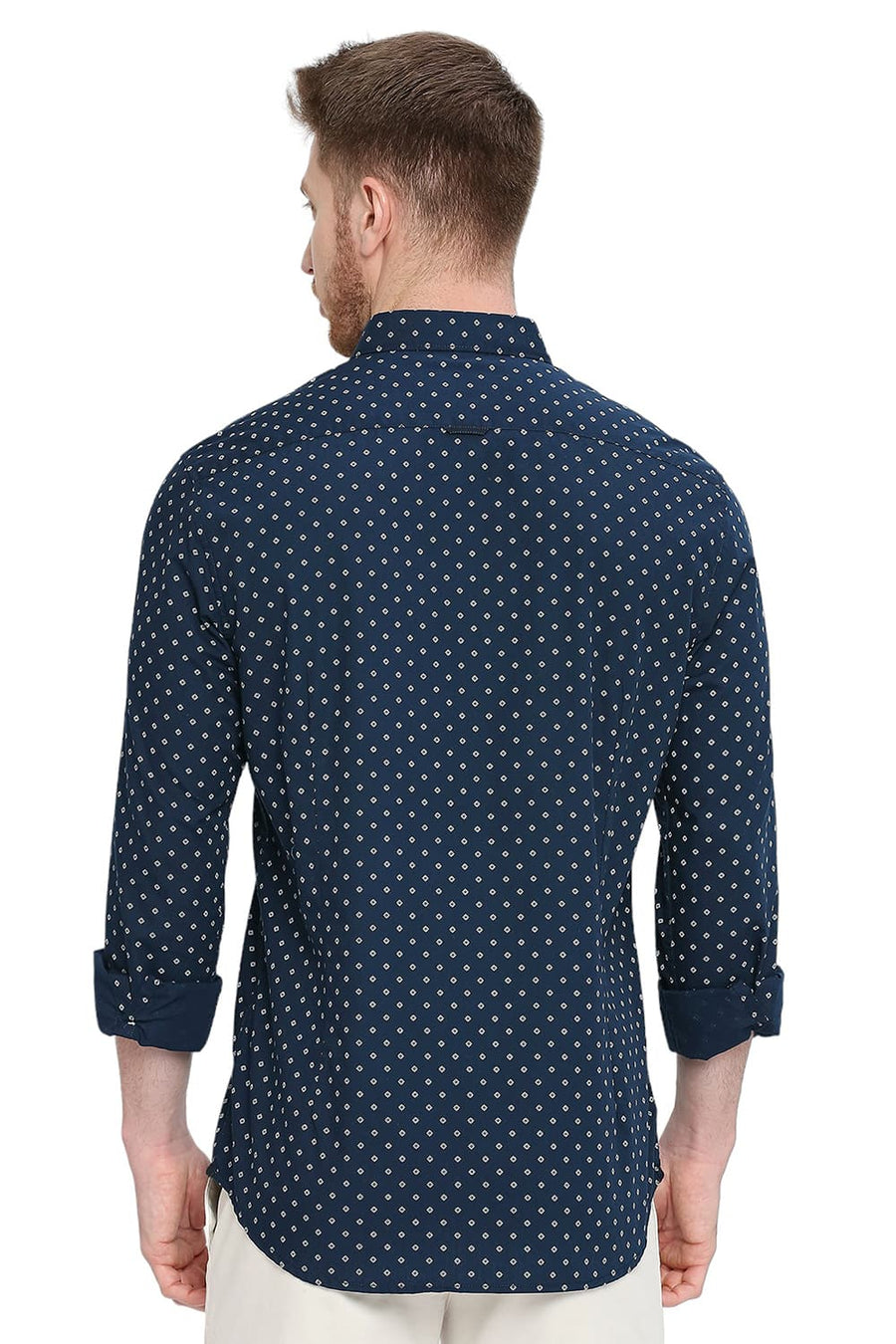 BASICS SLIM FIT SAPPHIRE NAVY COTTON POPLIN PRINTED SHIRT