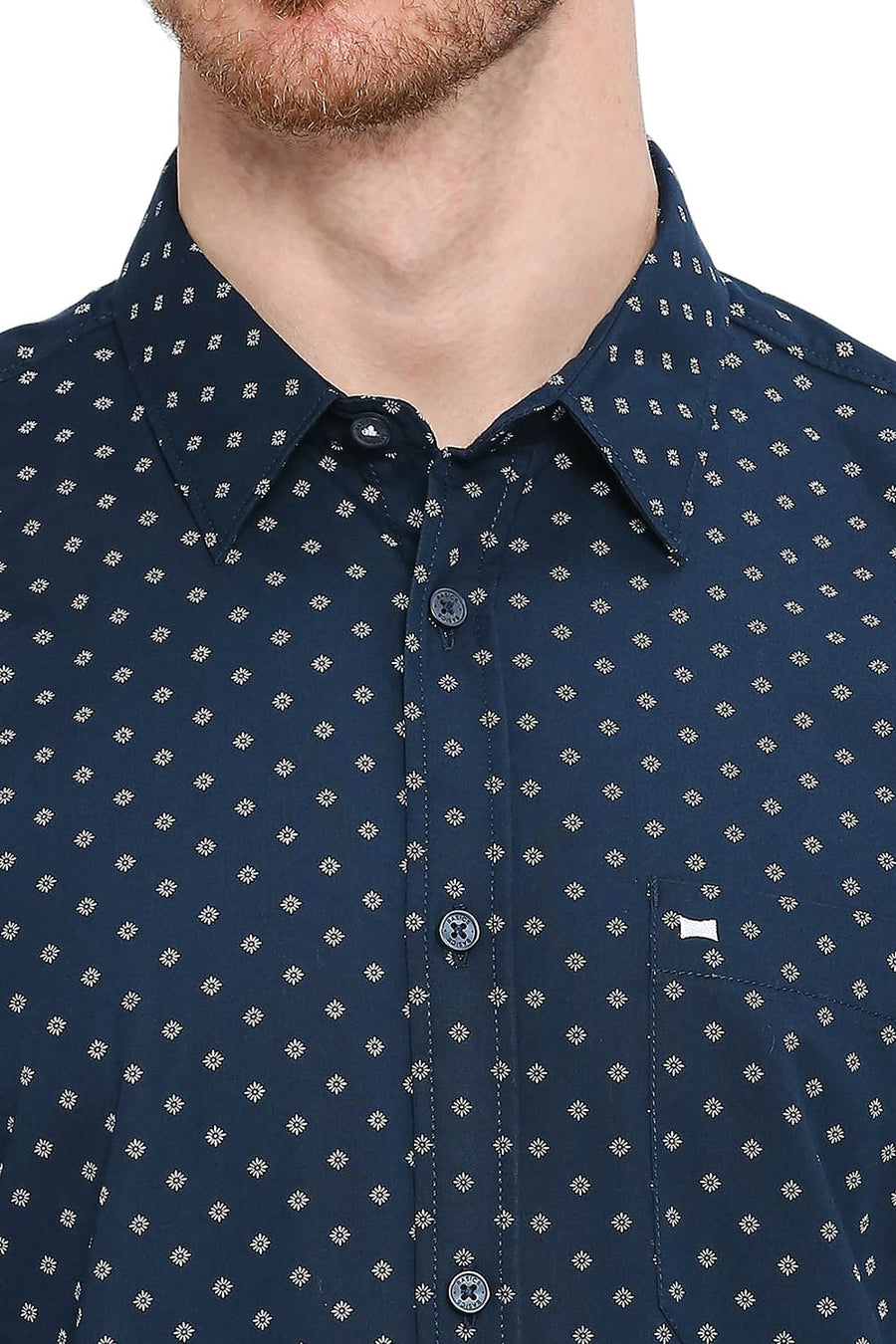 BASICS SLIM FIT SAPPHIRE NAVY COTTON POPLIN PRINTED SHIRT
