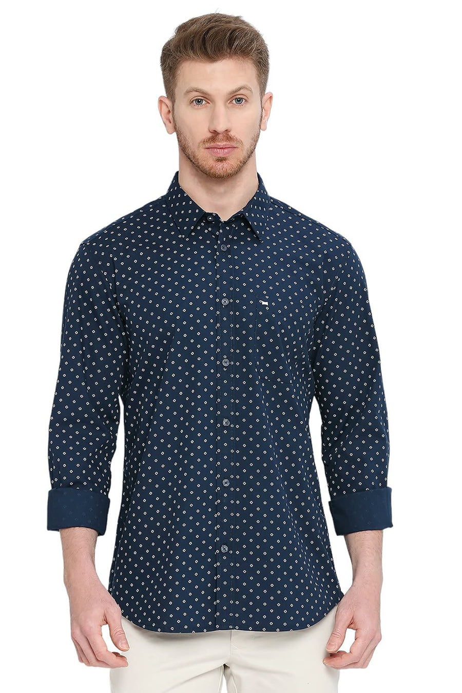 BASICS SLIM FIT SAPPHIRE NAVY COTTON POPLIN PRINTED SHIRT