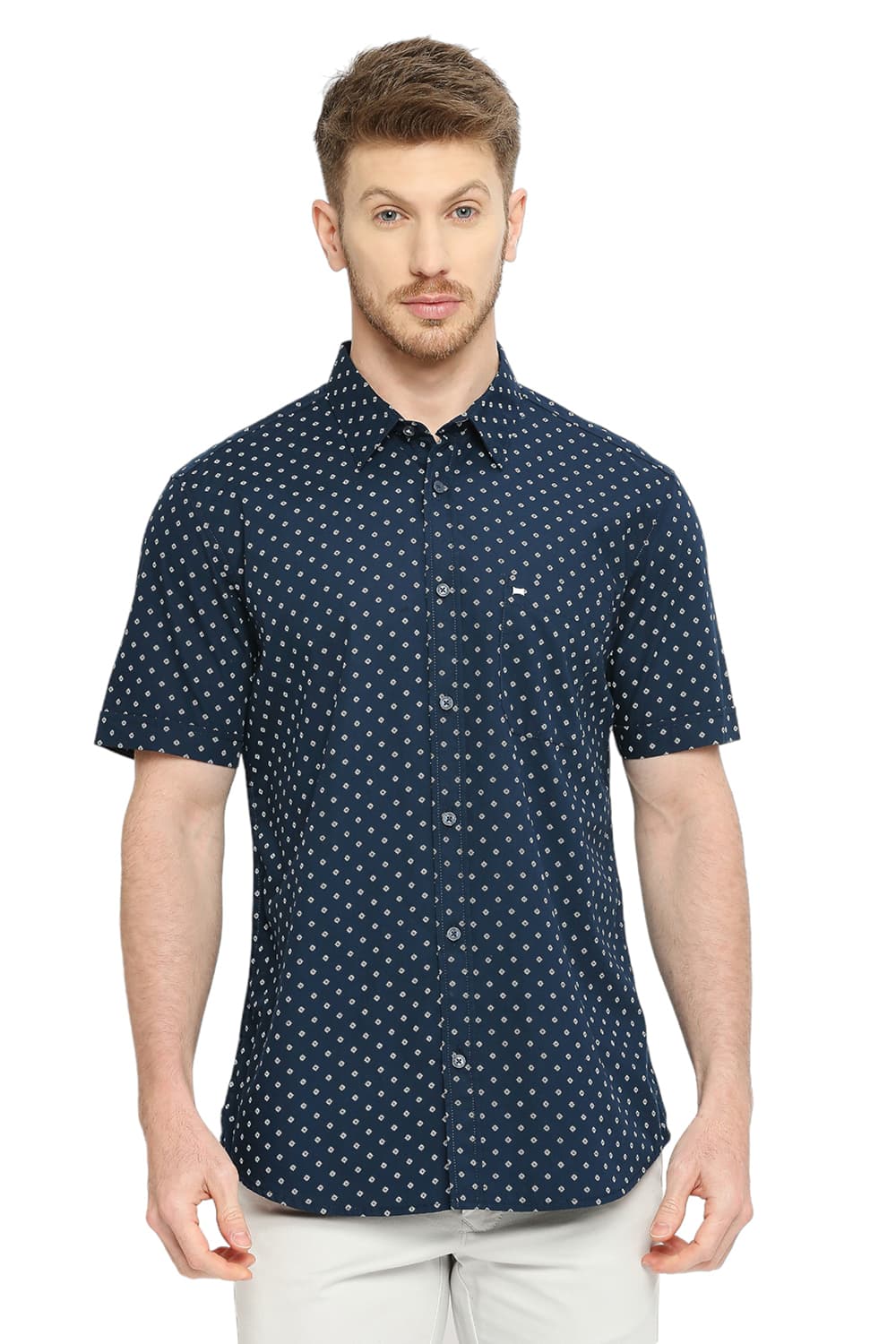 BASICS SLIM FIT COTTON POPLIN PRINTED SHIRT