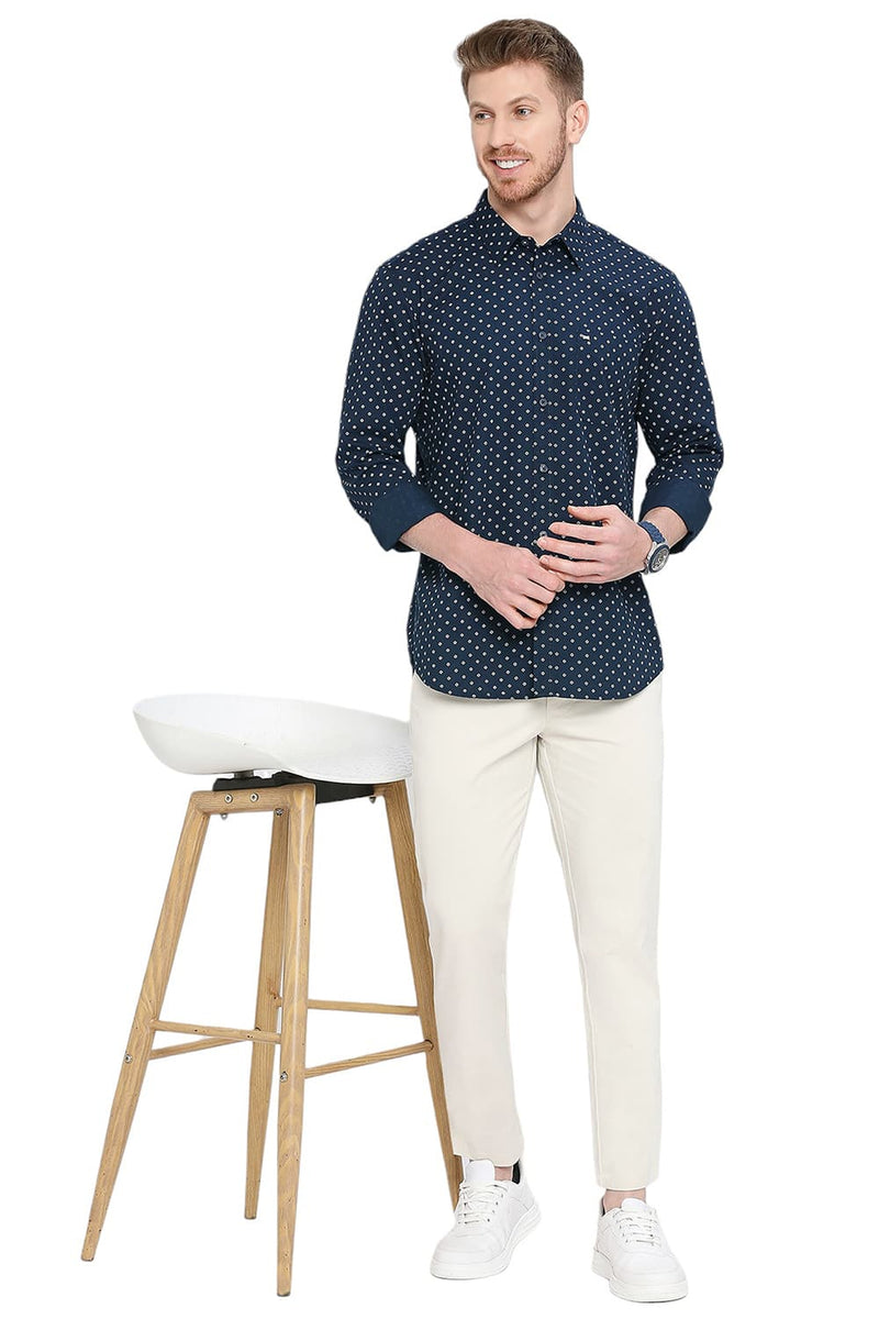 BASICS SLIM FIT COTTON POPLIN PRINTED SHIRT