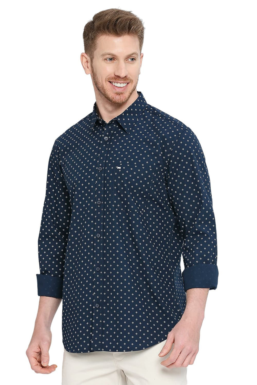 BASICS SLIM FIT SAPPHIRE NAVY COTTON POPLIN PRINTED SHIRT