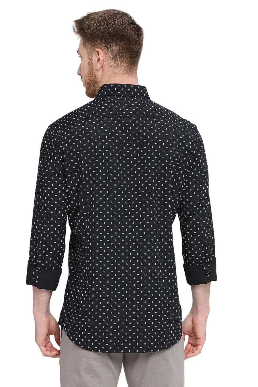 BASICS SLIM FIT PIRATE BLACK COTTON POPLIN PRINTED SHIRT