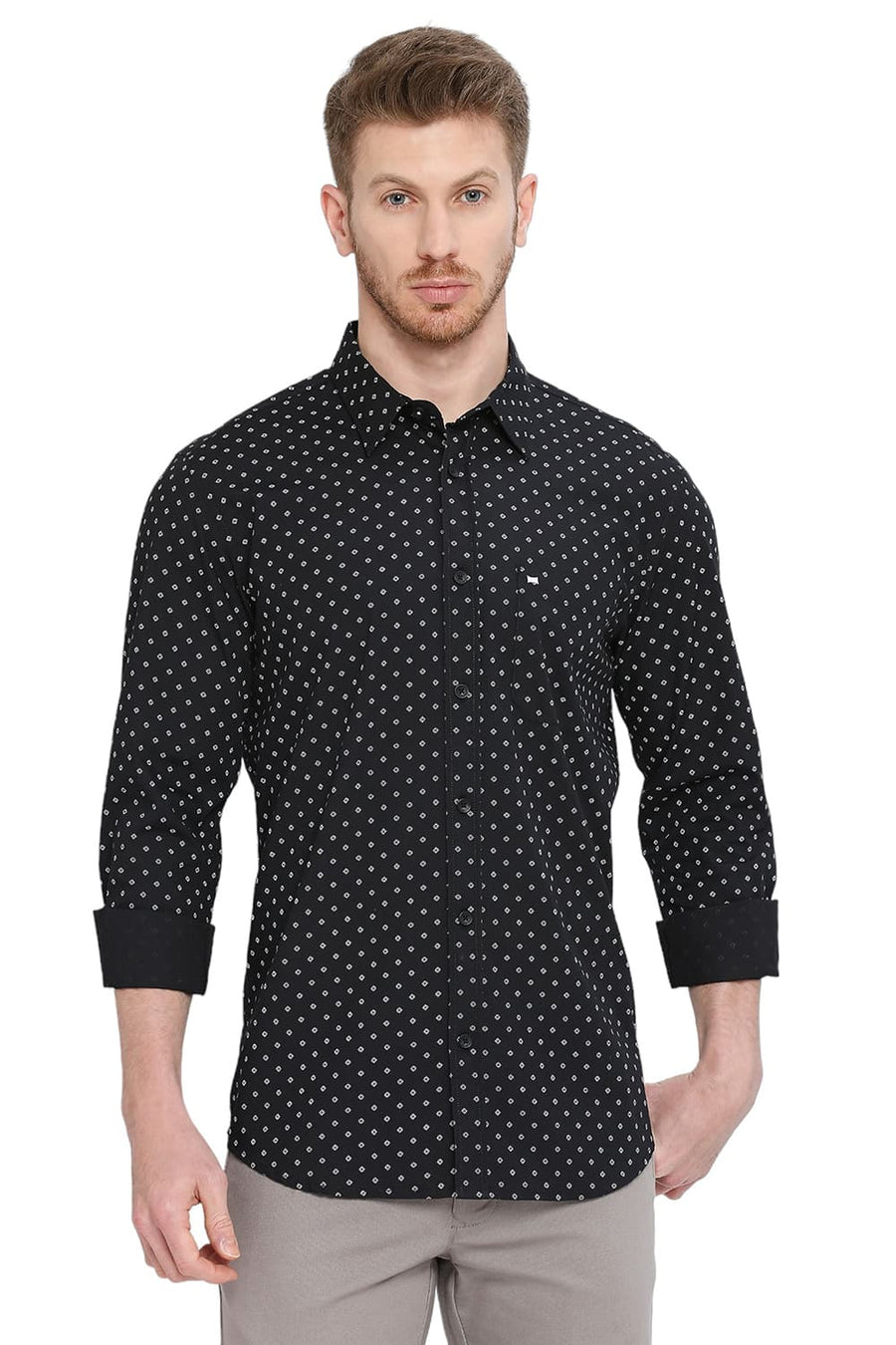 BASICS SLIM FIT PIRATE BLACK COTTON POPLIN PRINTED SHIRT