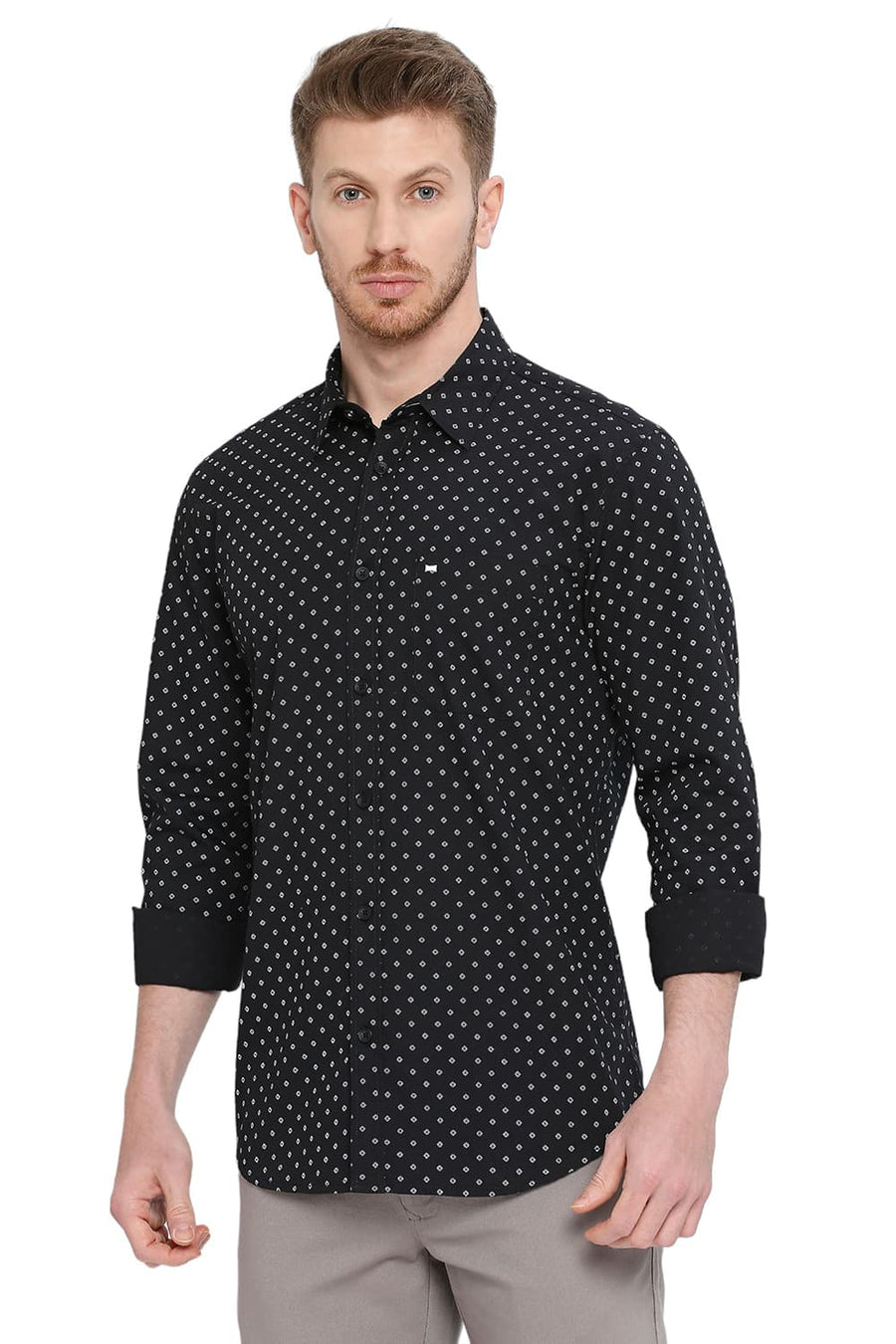 BASICS SLIM FIT PIRATE BLACK COTTON POPLIN PRINTED SHIRT