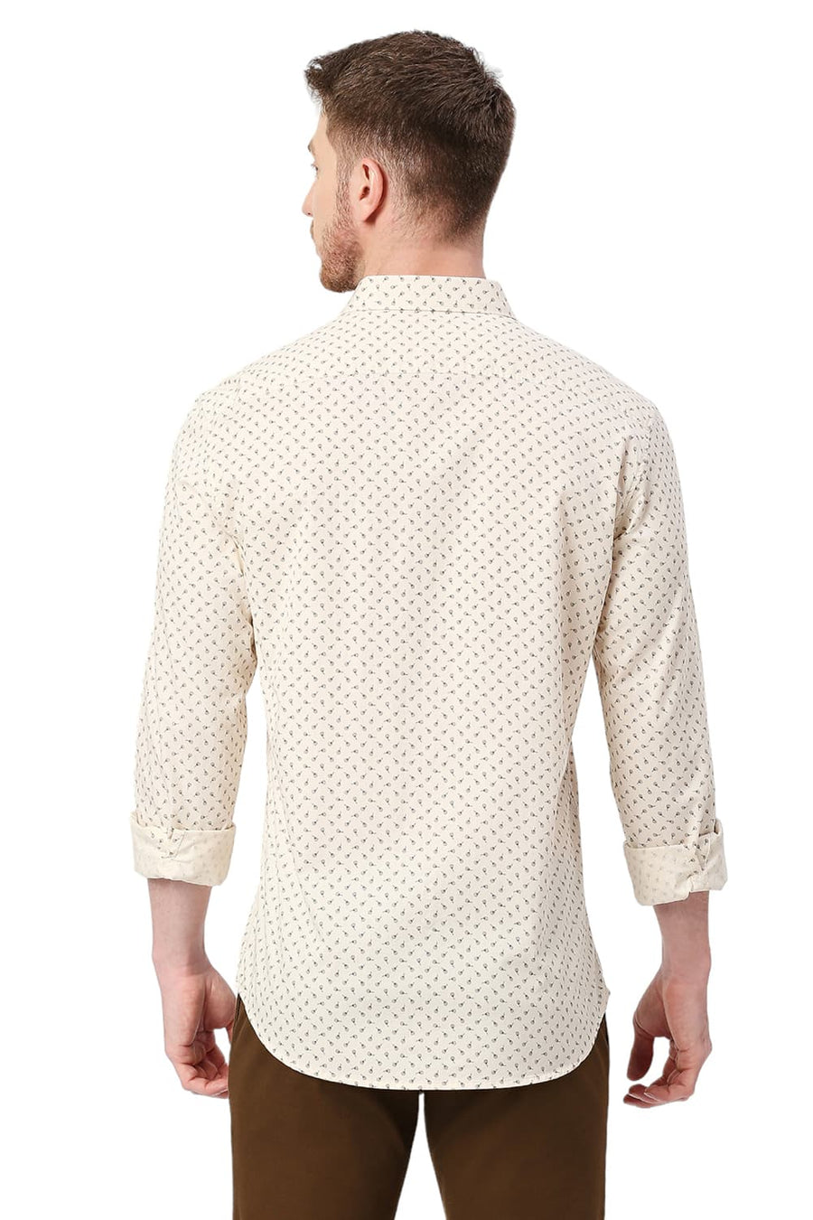 BASICS SLIM FIT ANGORA BEIGE COTTON TWILL PRINTED SHIRT