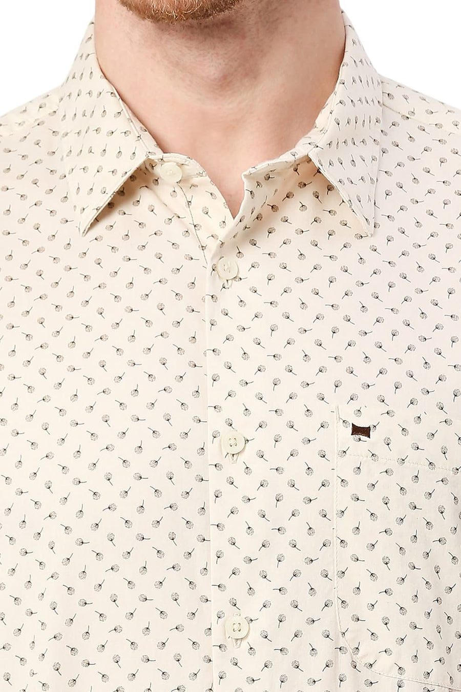 BASICS SLIM FIT ANGORA BEIGE COTTON TWILL PRINTED SHIRT