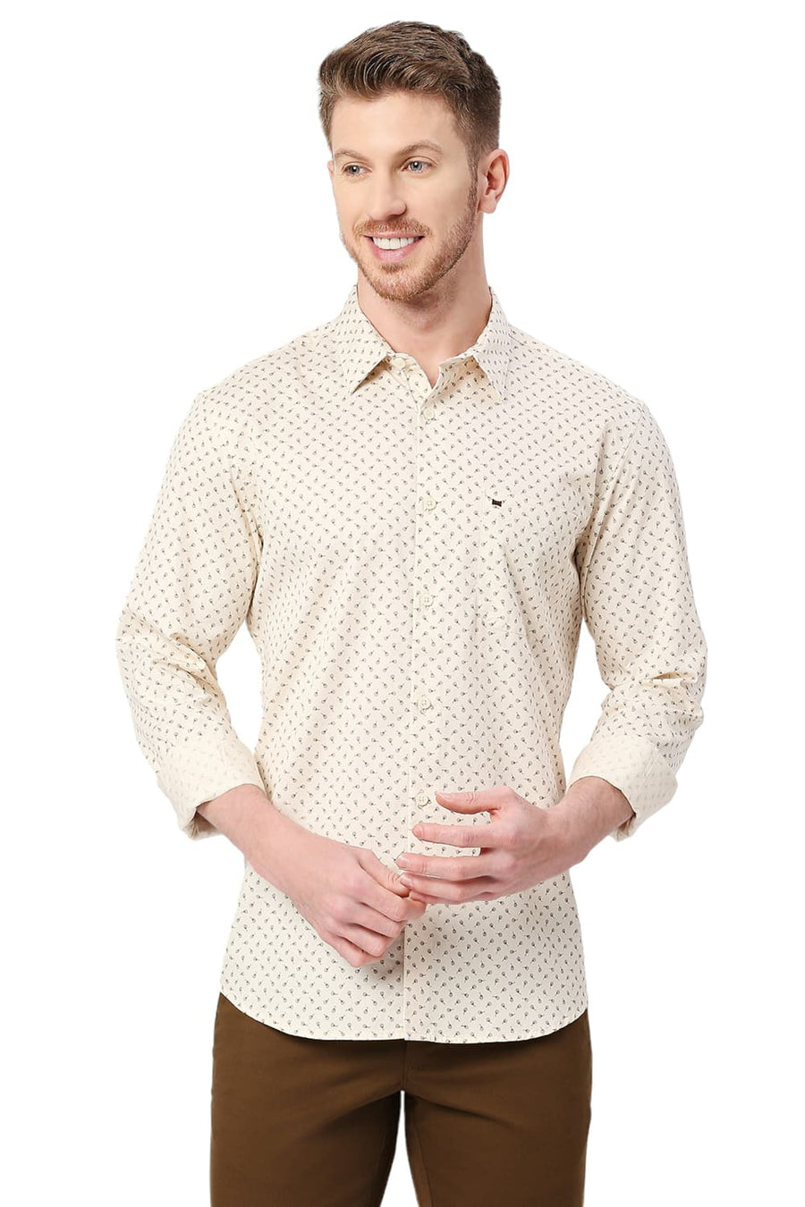 BASICS SLIM FIT ANGORA BEIGE COTTON TWILL PRINTED SHIRT