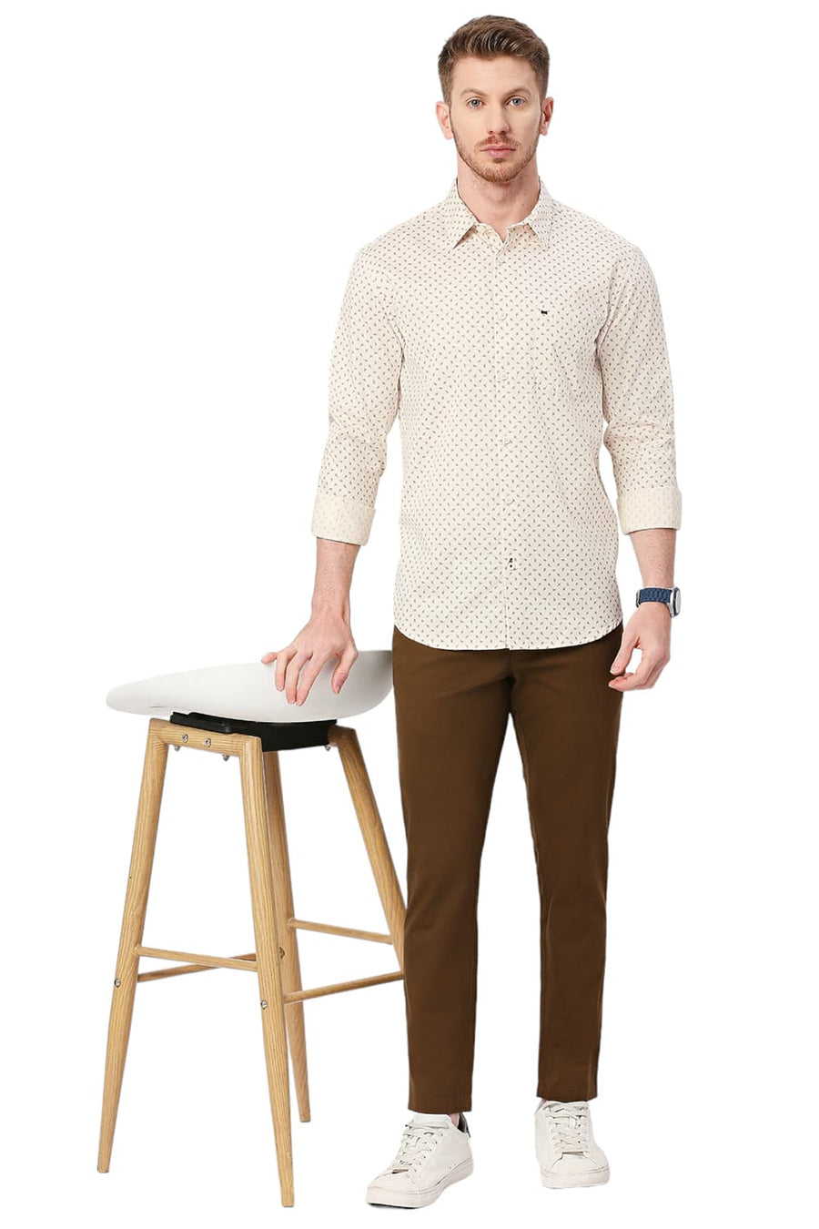 BASICS SLIM FIT ANGORA BEIGE COTTON TWILL PRINTED SHIRT