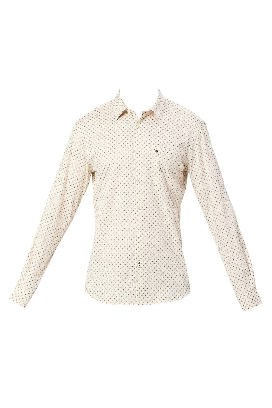 BASICS SLIM FIT ANGORA BEIGE COTTON TWILL PRINTED SHIRT