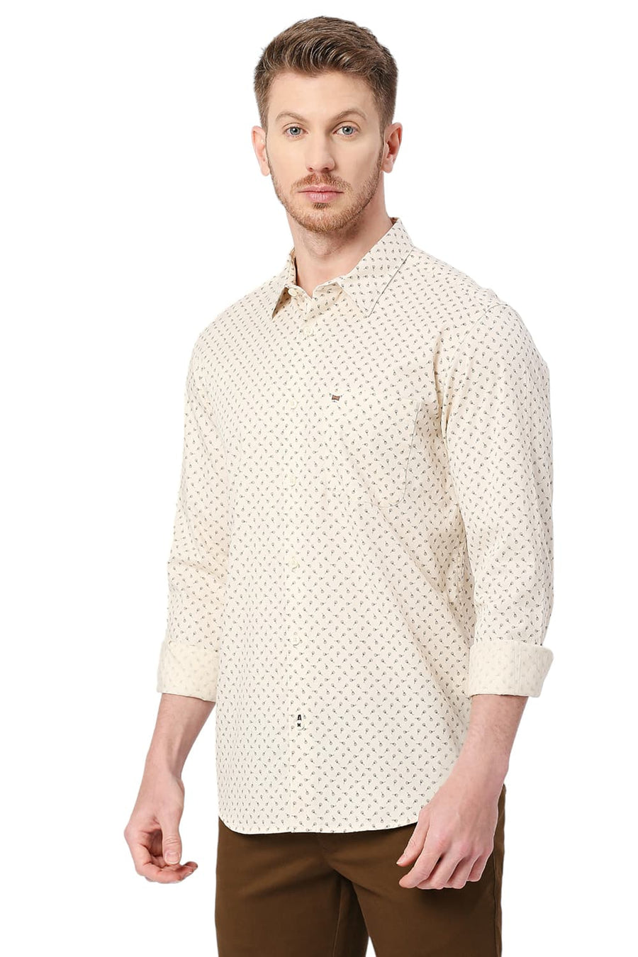 BASICS SLIM FIT ANGORA BEIGE COTTON TWILL PRINTED SHIRT