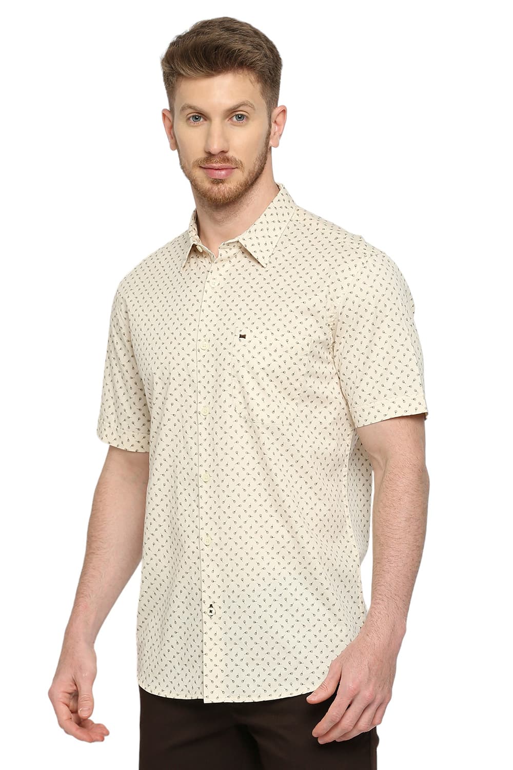 BASICS SLIM FIT COTTON TWILL PRINTED HALFSLEEVES SHIRT