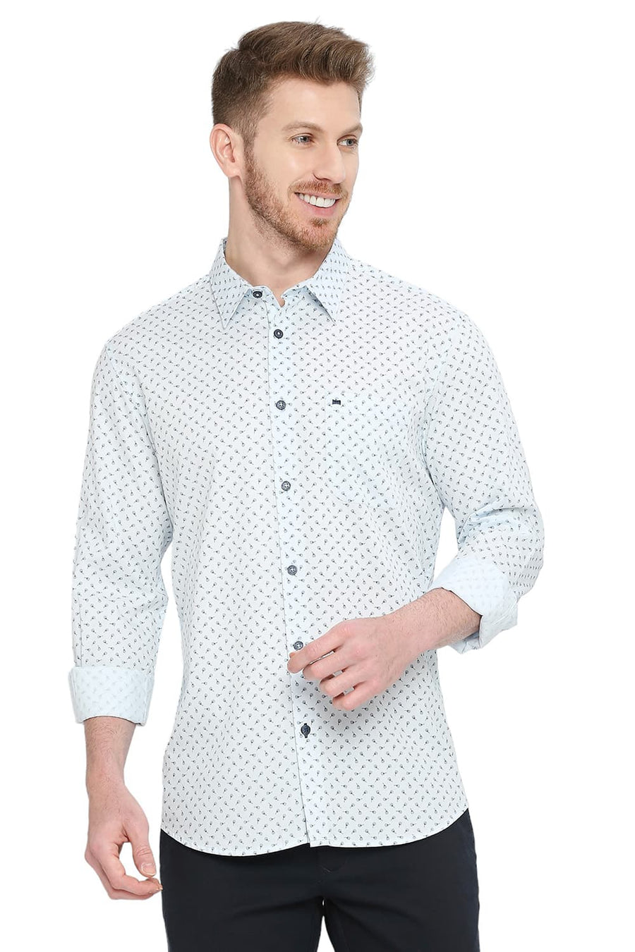 BASICS SLIM FIT ICEWATER BLUE COTTON TWILL PRINTED SHIRT