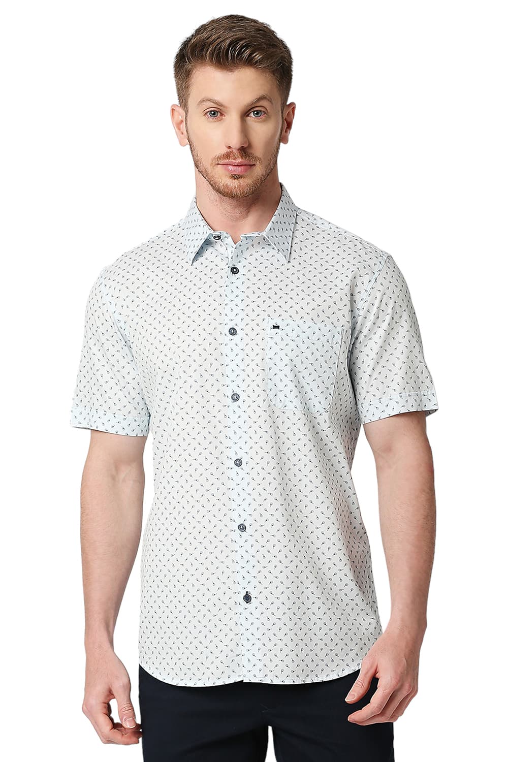 BASICS SLIM FIT COTTON TWILL PRINTED HALFSLEEVES SHIRT