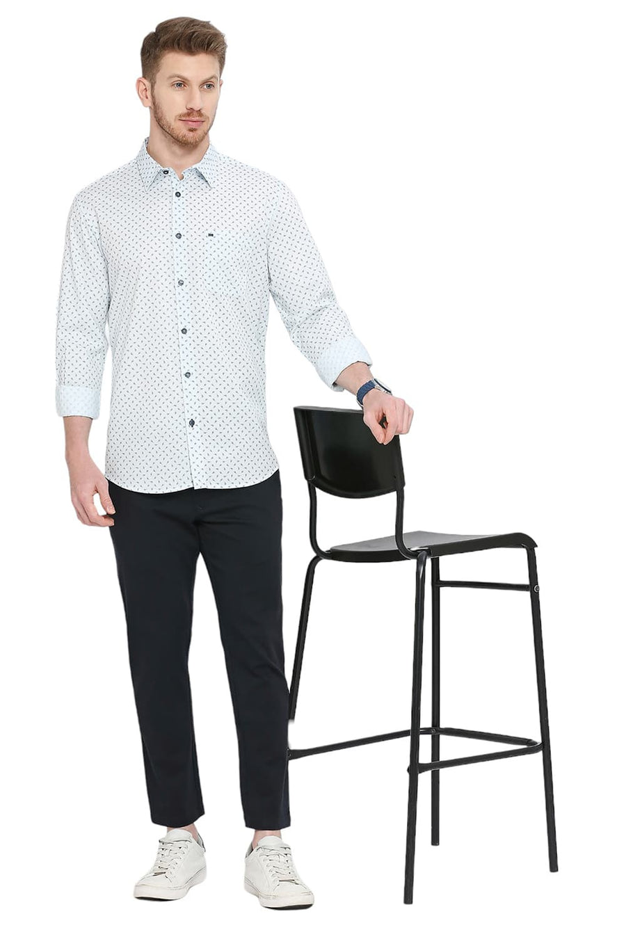 BASICS SLIM FIT ICEWATER BLUE COTTON TWILL PRINTED SHIRT