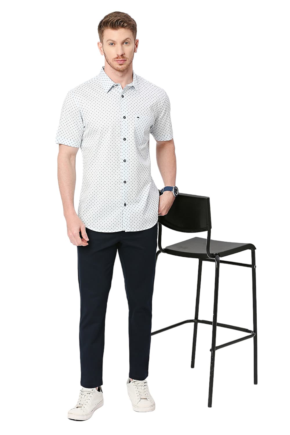 BASICS SLIM FIT COTTON TWILL PRINTED HALFSLEEVES SHIRT