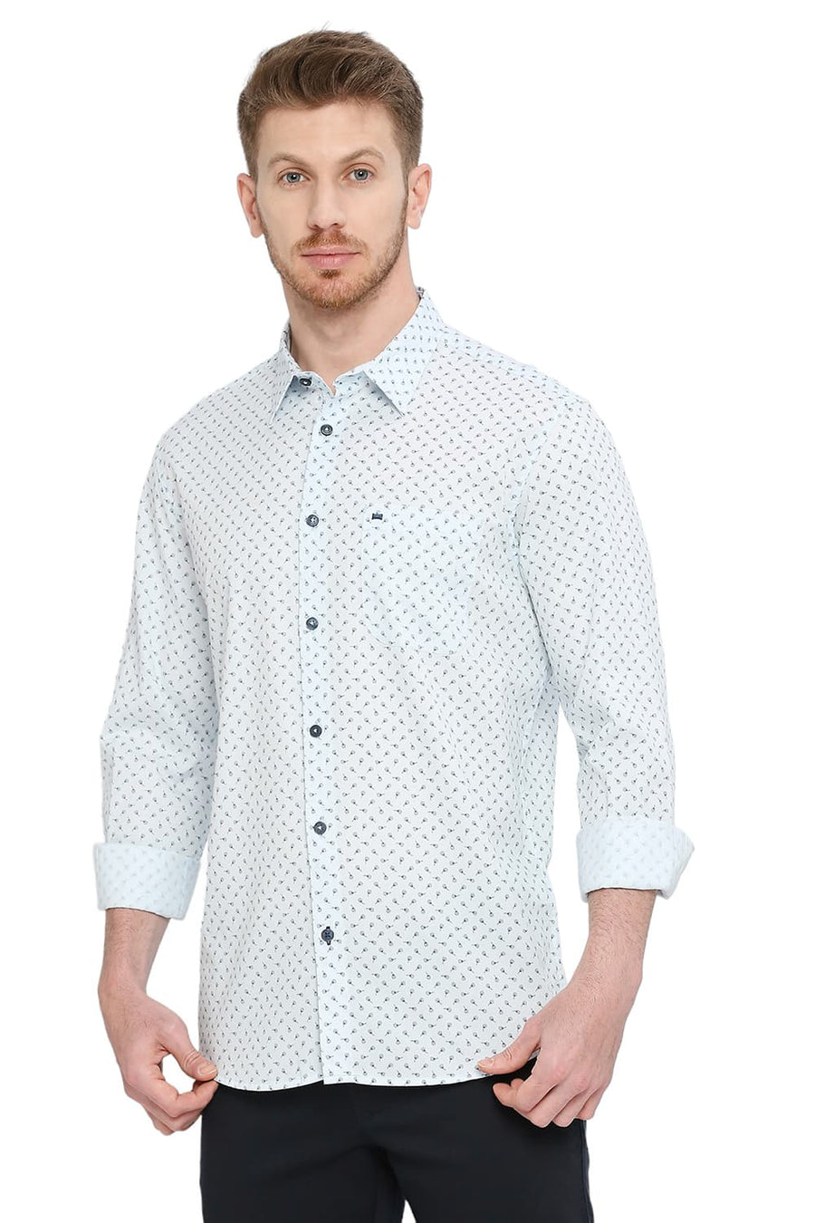 BASICS SLIM FIT ICEWATER BLUE COTTON TWILL PRINTED SHIRT