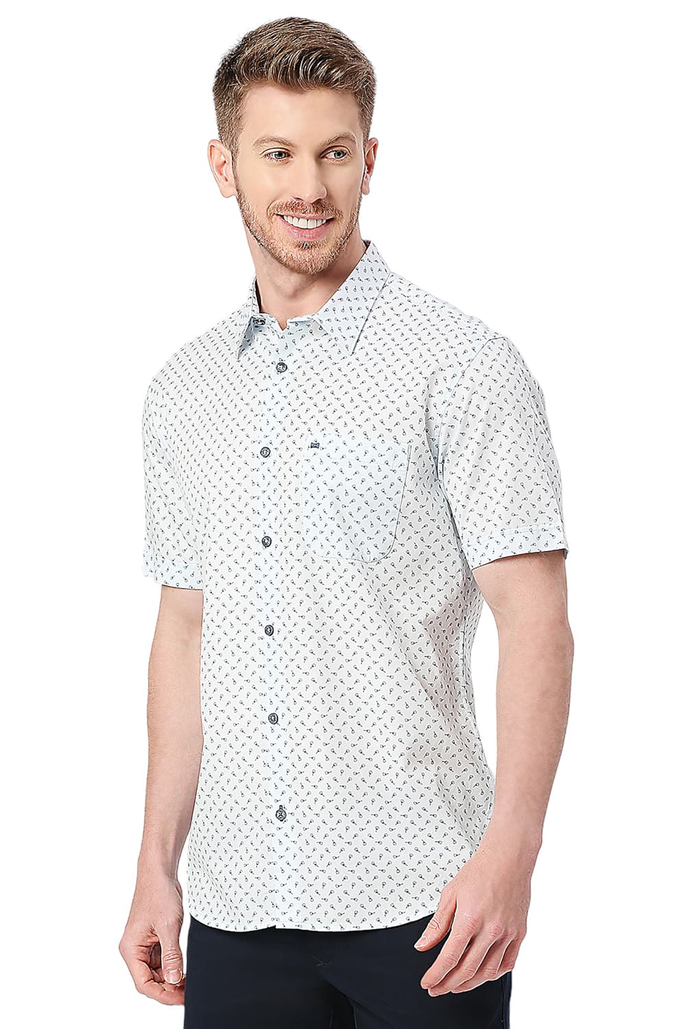 BASICS SLIM FIT COTTON TWILL PRINTED HALFSLEEVES SHIRT