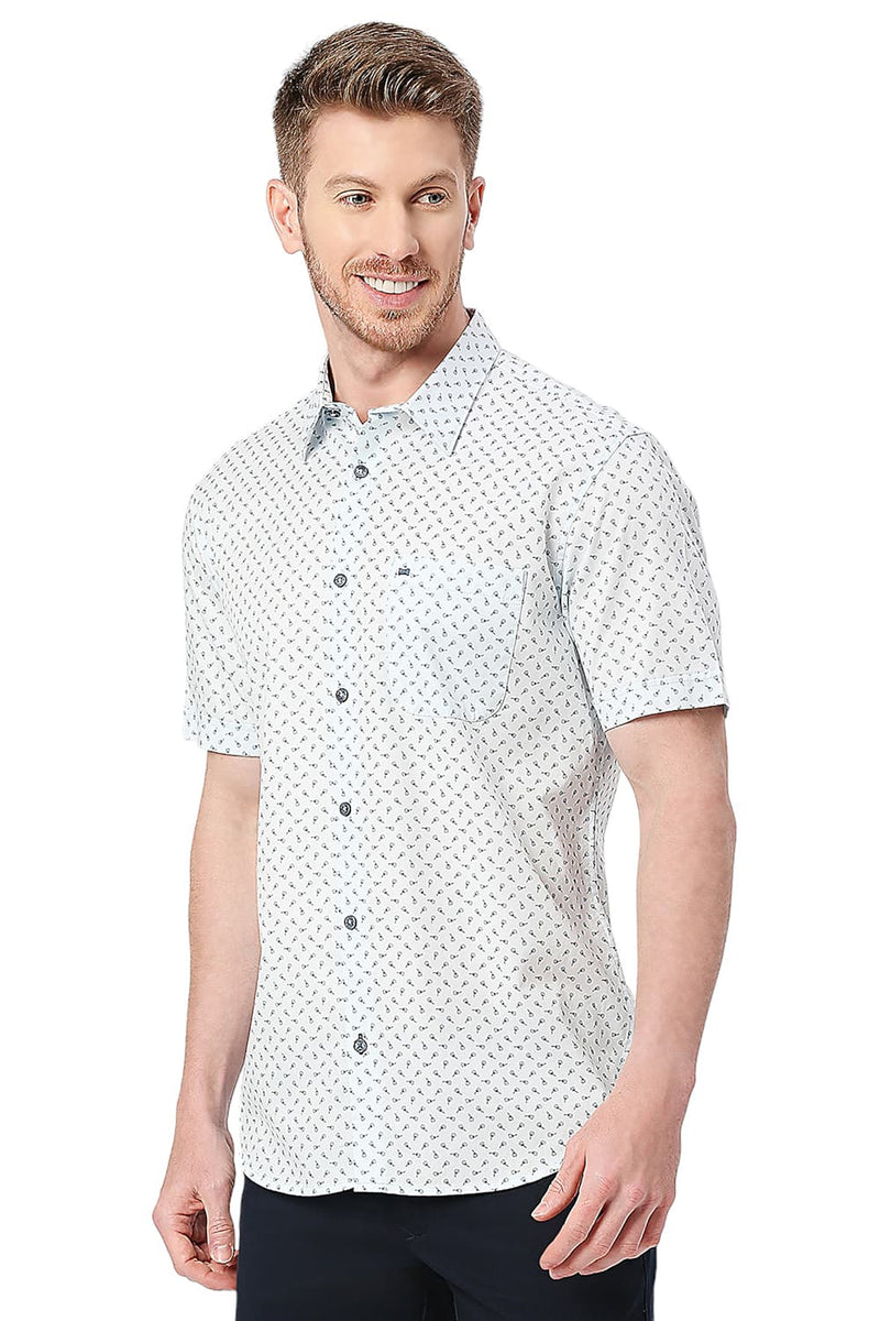 BASICS SLIM FIT COTTON TWILL PRINTED HALFSLEEVES SHIRT