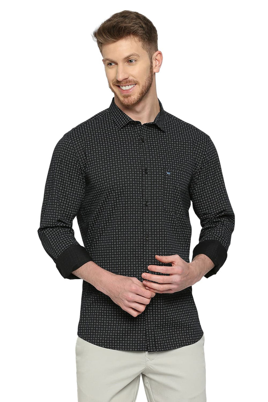 BASICS SLIM FIT ECLIPSE BLACK COTTON TWILL PRINTED SHIRT