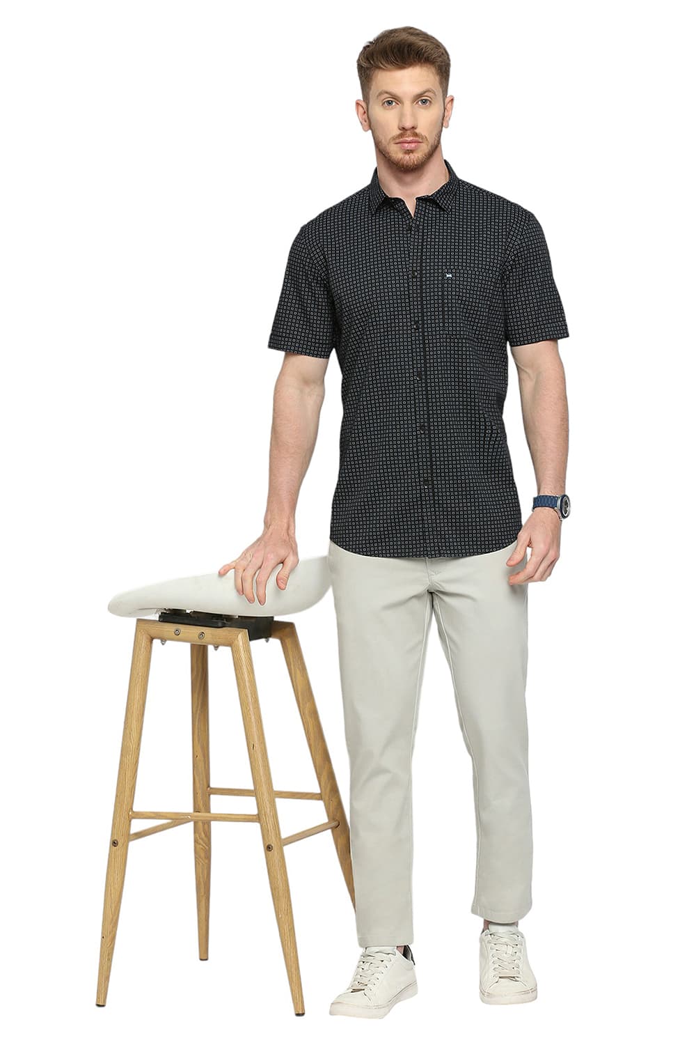 BASICS SLIM FIT COTTON TWILL PRINTED HALFSLEEVES SHIRT